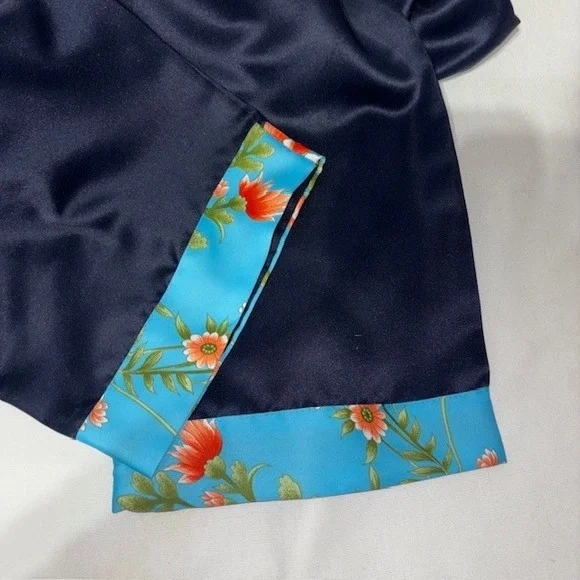 Vintage Made in Japan Floral Kimono Pajama Set Blue Navy Satin Loungewear Medium - Picture 8 of 8